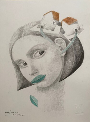 Desenho intitulada "Retrato de mujer V" por Hector Acevedo, Obras de arte originais, Lápis Montado em Outro painel rígido