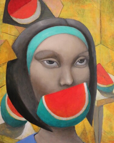 Painting titled "Dama con sandia" by Hector Acevedo, Original Artwork, Oil Mounted on Wood Stretcher frame