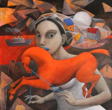 Painting titled "El viaje de Ariadna…" by Hector Acevedo, Original Artwork, Oil Mounted on Wood Stretcher frame