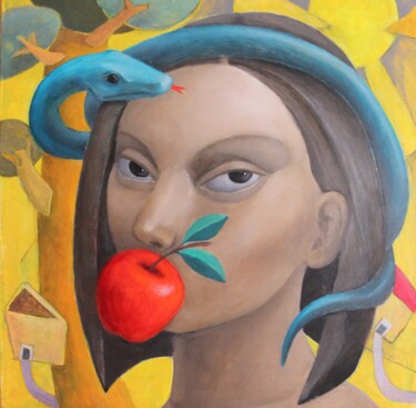 Painting titled "Eve in paradise" by Hector Acevedo, Original Artwork, Oil Mounted on Wood Stretcher frame