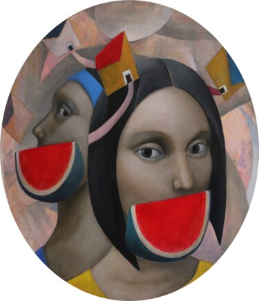 Painting titled "Mujeres con sandias…" by Hector Acevedo, Original Artwork, Oil Mounted on Wood Stretcher frame