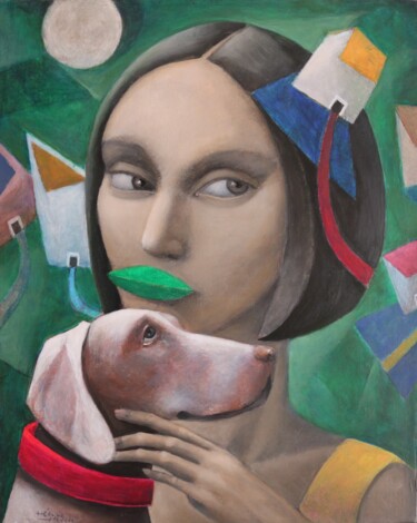 Картина под названием "La Dama con Perro" - Hector Acevedo, Подлинное произведение искусства, Масло