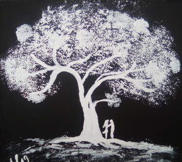 Painting titled "Amantes en la obscu…" by Héctor Villela, Original Artwork, Acrylic Mounted on Wood Panel