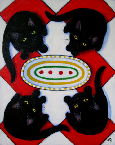 Painting titled "Four Hungry Black C…" by Heidi Shaulis, Original Artwork