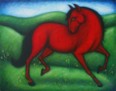 Painting titled "Red horse" by Heidi Shaulis, Original Artwork, Oil
