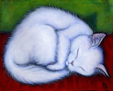 Картина под названием "Little White Cat" - Heidi Shaulis, Подлинное произведение искусства, Масло