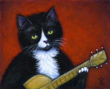 Schilderij getiteld "Acoustic Cat" door Heidi Shaulis, Origineel Kunstwerk, Olie