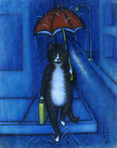 Schilderij getiteld "Rainy Night" door Heidi Shaulis, Origineel Kunstwerk, Olie