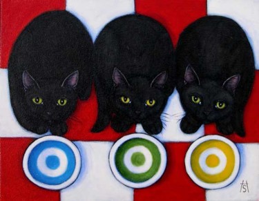Painting titled "3 Hungry Black Cats" by Heidi Shaulis, Original Artwork