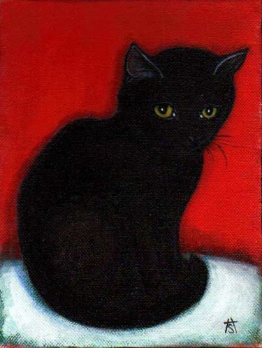 Painting titled "Shy Black Cat" by Heidi Shaulis, Original Artwork