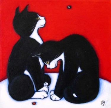 Peinture intitulée "2 Tuxedo Cats and L…" par Heidi Shaulis, Œuvre d'art originale
