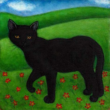 Painting titled "Black Cat with Wild…" by Heidi Shaulis, Original Artwork