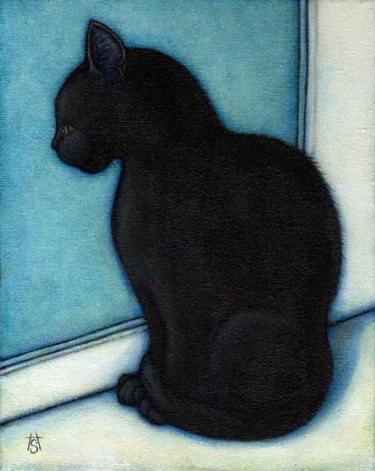 Painting titled "Black Cat on a Wind…" by Heidi Shaulis, Original Artwork
