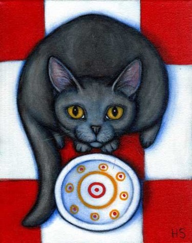 Painting titled "Hungry Gray Cat" by Heidi Shaulis, Original Artwork