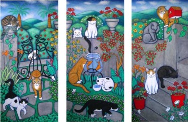 Malerei mit dem Titel "Le Jardin de Chats" von Heidi Shaulis, Original-Kunstwerk
