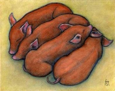 Painting titled "4 Piglets" by Heidi Shaulis, Original Artwork