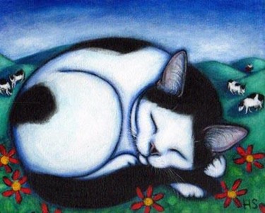 Schilderij getiteld "Vermont Cow Cat" door Heidi Shaulis, Origineel Kunstwerk