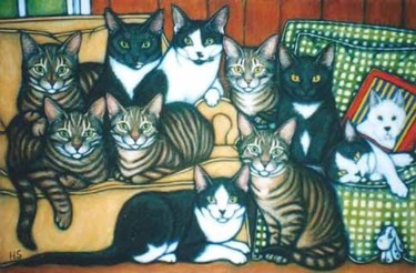 Schilderij getiteld "Cat Family" door Heidi Shaulis, Origineel Kunstwerk