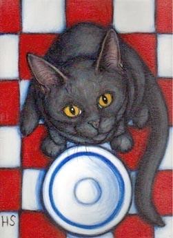 Painting titled "Hungry Black Cat" by Heidi Shaulis, Original Artwork