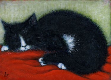 Schilderij getiteld "Napping Tuxedo Cat" door Heidi Shaulis, Origineel Kunstwerk