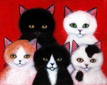 Painting titled "5 Fuzzy Cats" by Heidi Shaulis, Original Artwork