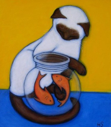 Painting titled "Siamese with Goldfi…" by Heidi Shaulis, Original Artwork