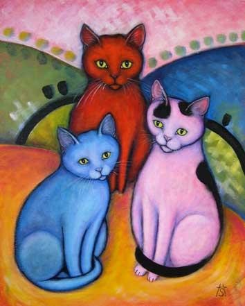 Painting titled "3 Colorful Cats" by Heidi Shaulis, Original Artwork