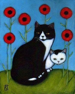 Malerei mit dem Titel "2 Cats in Poppies" von Heidi Shaulis, Original-Kunstwerk