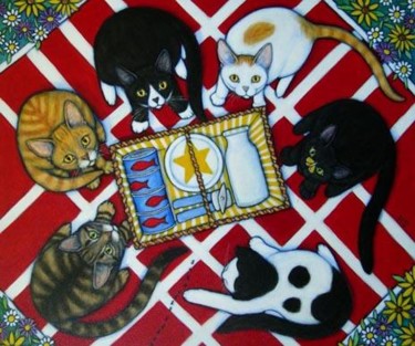 Painting titled "Hungry Cat Picnic" by Heidi Shaulis, Original Artwork