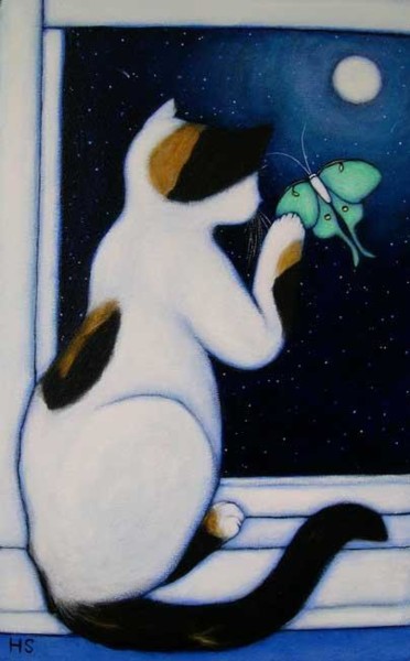 Painting titled "Calico with Luna Mo…" by Heidi Shaulis, Original Artwork