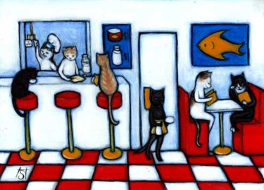 Painting titled "Hungry Cat Cafe" by Heidi Shaulis, Original Artwork