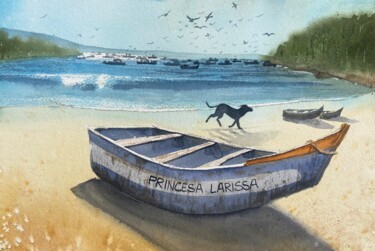 Malerei mit dem Titel "Fischerboote am Str…" von Heike Cardoso, Original-Kunstwerk, Aquarell