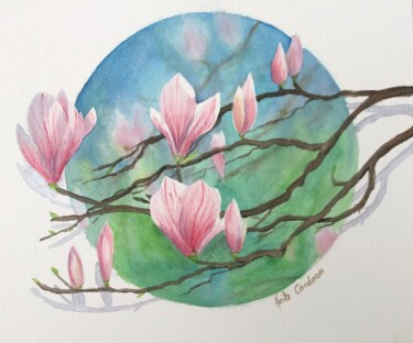 Malerei mit dem Titel "Magnolienblüten" von Heike Cardoso, Original-Kunstwerk, Aquarell