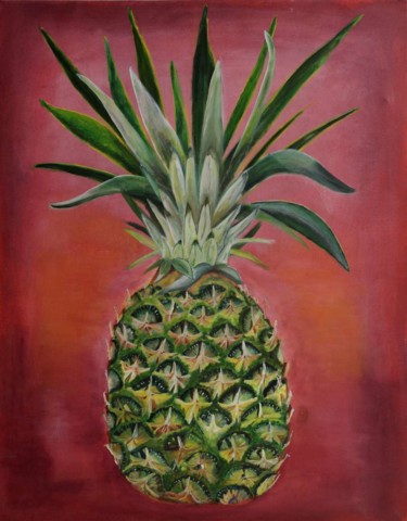 Painting titled "Ananas auf rotem Gr…" by Heike Gausmann, Original Artwork, Acrylic