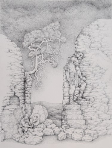Desenho intitulada "La fontaine des gea…" por Heike Tiede, Obras de arte originais, Tinta