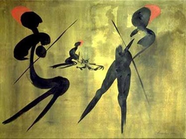Malerei mit dem Titel "Three Hunters with…" von Heinz Sterzenbach, Original-Kunstwerk