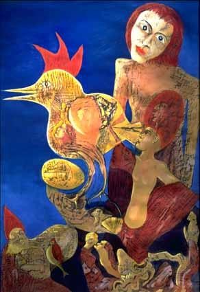 Painting titled "Woman with Cock" by Heinz Sterzenbach, Original Artwork