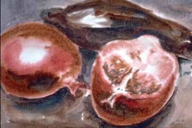 Malerei mit dem Titel "Pomegranates, Water…" von Heinz Sterzenbach, Original-Kunstwerk, Aquarell