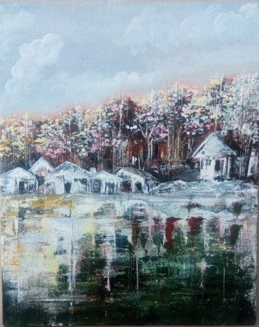 Painting titled "Winter cabin" by Pranky, Original Artwork, Acrylic