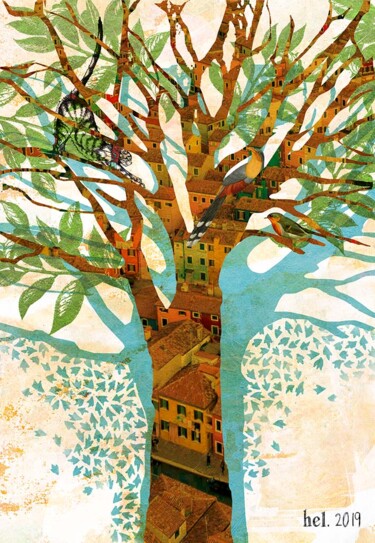 Artes digitais intitulada "L'arbre aux oiseaux" por Hel Swynghedauw, Obras de arte originais, Foto Montagem