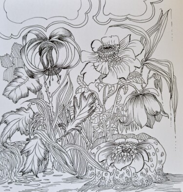 Dessin intitulée "Fleurs imaginaires" par Hel Swynghedauw, Œuvre d'art originale, Encre