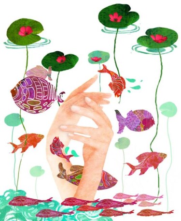 Arte digital titulada "Jeux de poissons" por Hel Swynghedauw, Obra de arte original, Collages