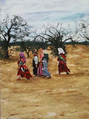 Malerei mit dem Titel "Un jour de cueillet…" von Hela Ellouze, Original-Kunstwerk, Acryl