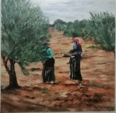 Painting titled "Cueillette d'olives" by Hela Ellouze, Original Artwork, Acrylic