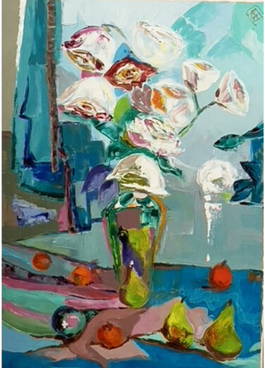 Painting titled "Bouquet Oil Paintin…" by Helen, Original Artwork, Oil Mounted on Wood Stretcher frame