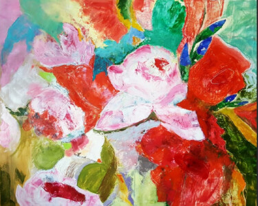 Painting titled "Large Abstract Flor…" by Helen, Original Artwork, Oil