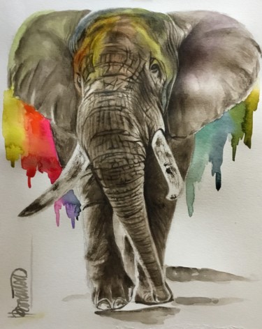 Painting titled "L'éléphant" by Helen Barenton, Original Artwork, Watercolor