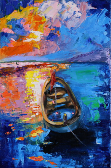 Картина под названием "Boat Sunset Seascap…" - Helen Berk, Подлинное произведение искусства, Масло