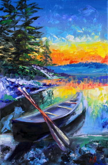 Картина под названием "Boat Sunset River P…" - Helen Berk, Подлинное произведение искусства, Масло