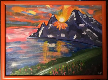 Painting titled "landscape in scarlet" by Helen Phagava, Original Artwork, Acrylic Mounted on Wood Stretcher frame
